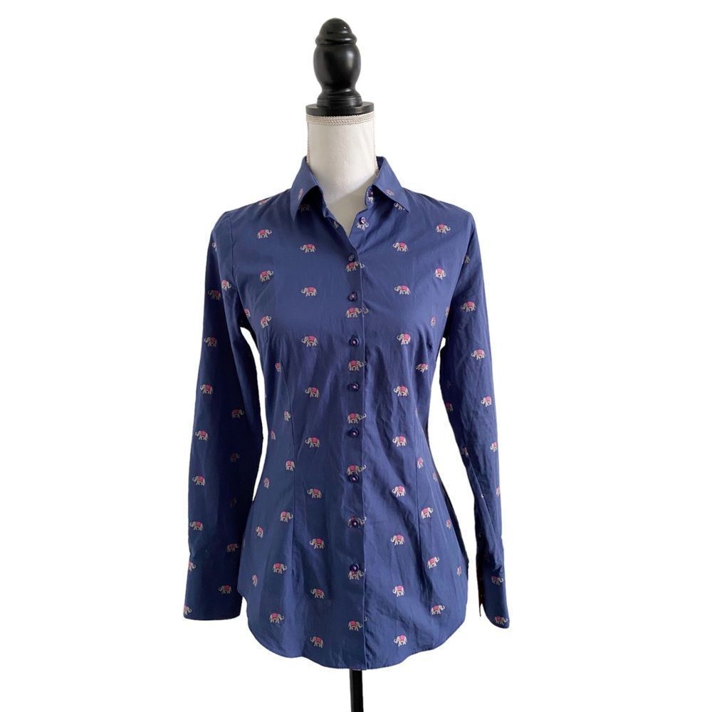 Hawes & Curtis Ladies Fitted Button Down Top Blue + Hot Pink Elephant Print UK 8